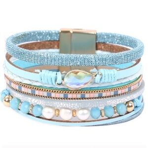 NWT Blue Riah Beads & Faux Leather Magnetic Multi-Strand Bracelet